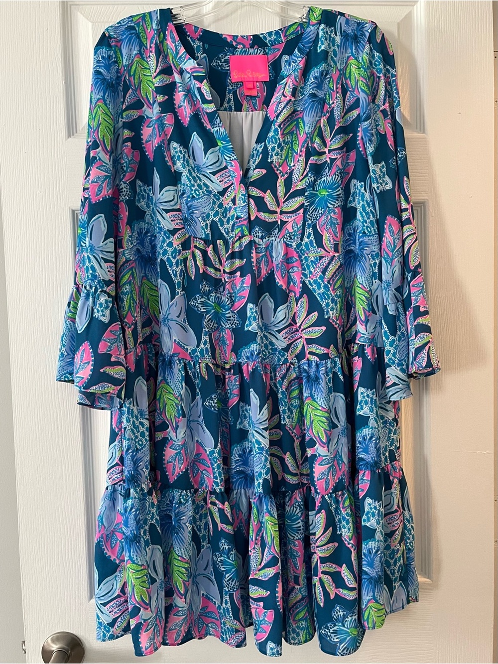 Lilly Pulitzer Teal Navy Floral Shift with Pink Accents